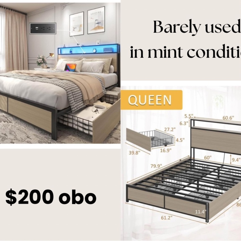 Queen Platform Bed Frame with Lighted Headboard in Light Wood and Black